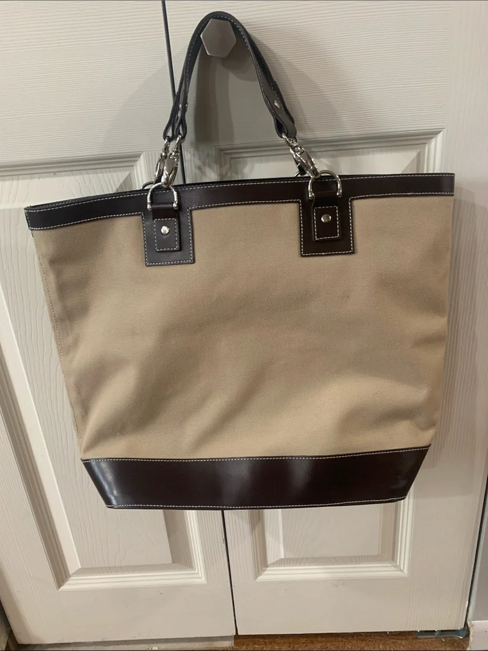 Canvas Duffel Tote in Beige with Dark Brown Trim - Men Bags